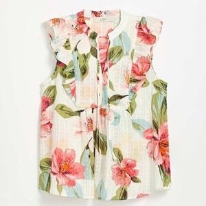 Z2 Loft Swiss Dot BOUQUET RUFFLE SHELL Blouse Rose Small Flowers Ruffle Flowy